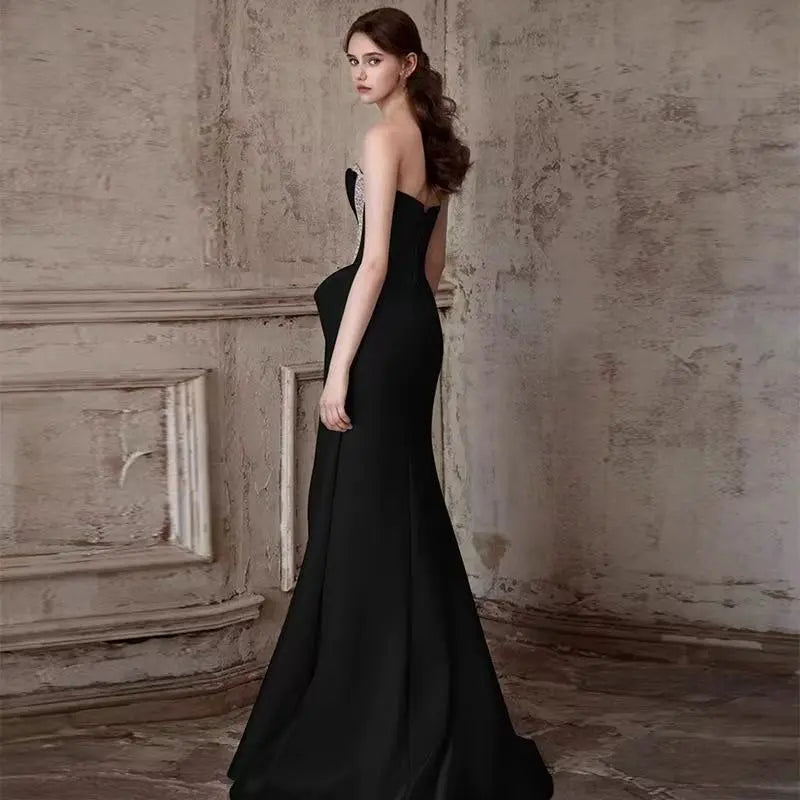 Mermaid Ruched Strapless Beading Black Prom Dress Avalabel