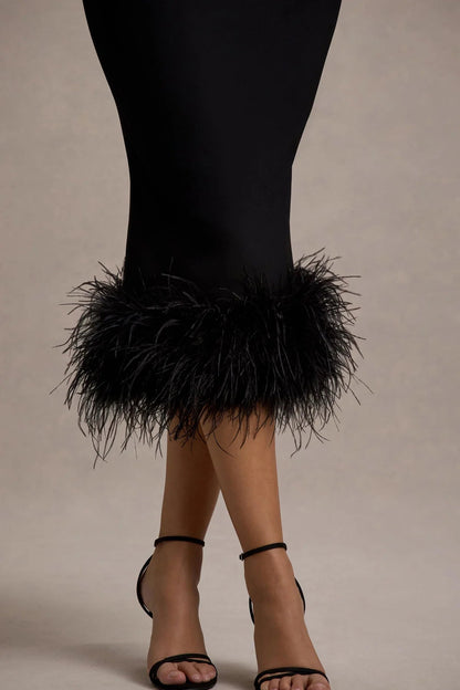 Jenny Black Twist-Neck Feather Hem Midi Dress