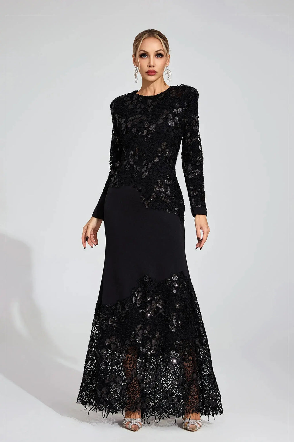 joanna Black long sleeve Embroidered Maxi Dress Avalabel