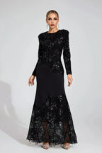 joanna Black long sleeve Embroidered Maxi Dress Avalabel