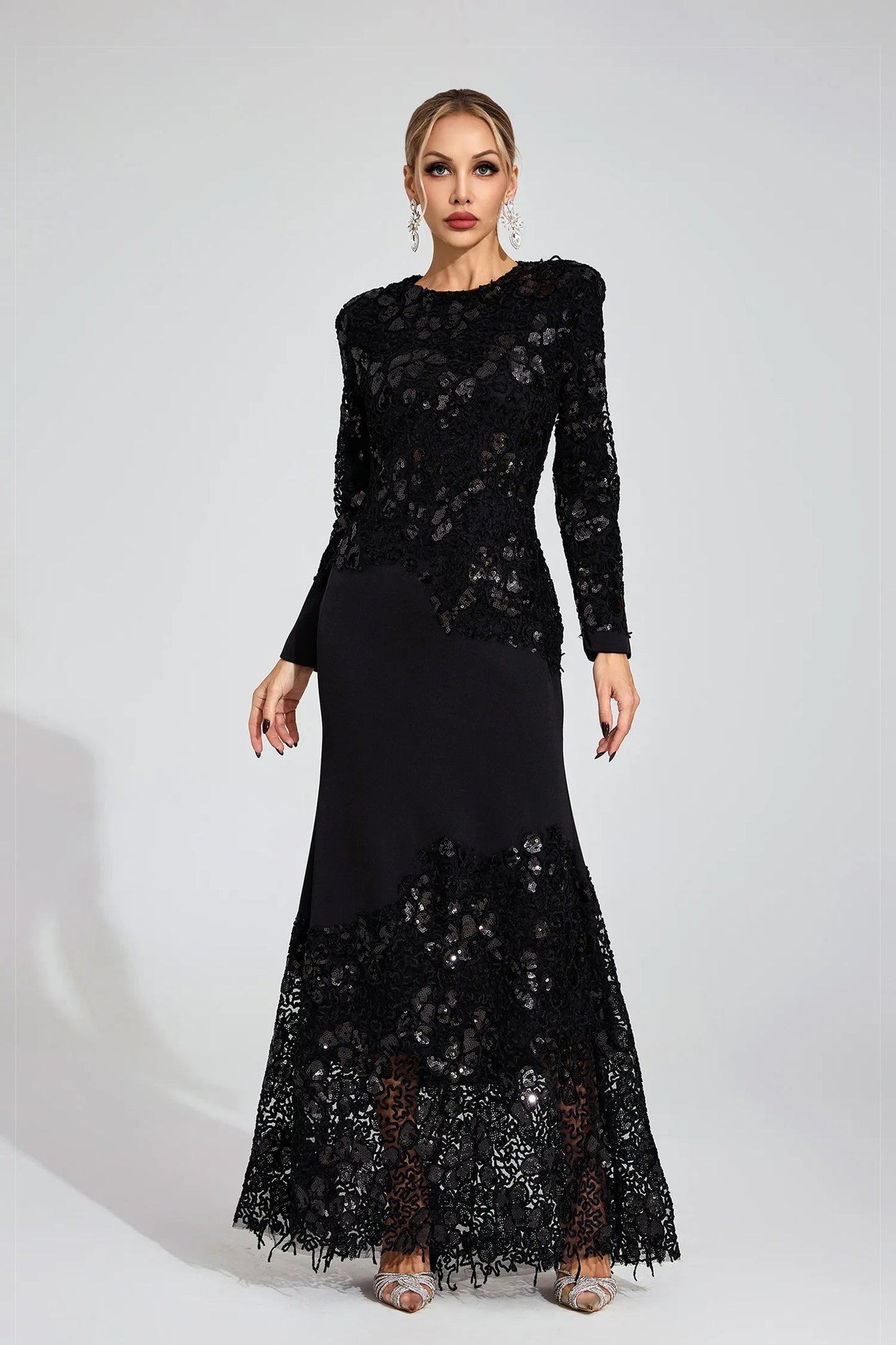 joanna Black long sleeve Embroidered Maxi Dress