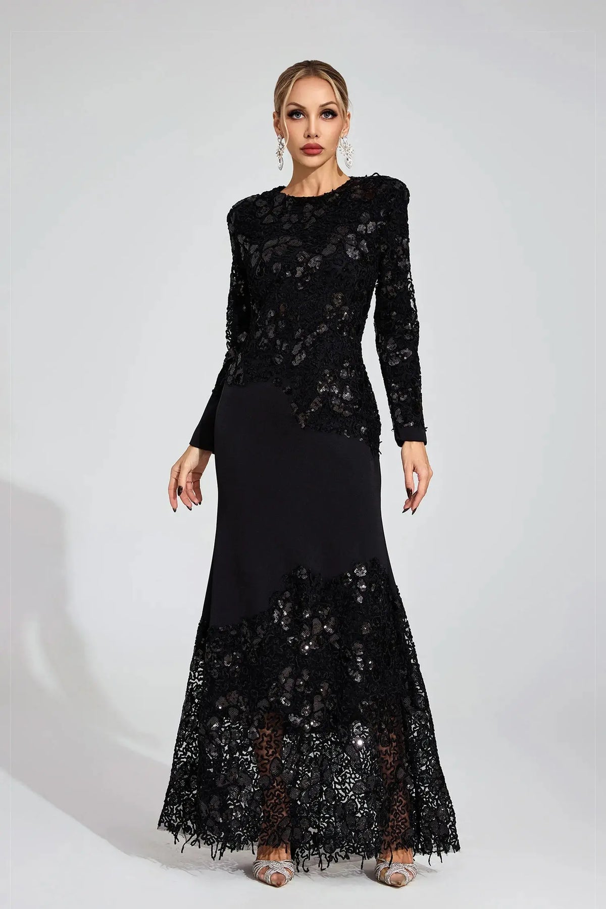 joanna Black long sleeve Embroidered Maxi Dress Avalabel