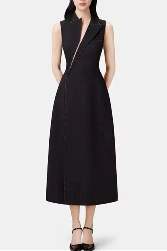 Asymmetric Collar Blazer Midi Dress in Black Avalabel