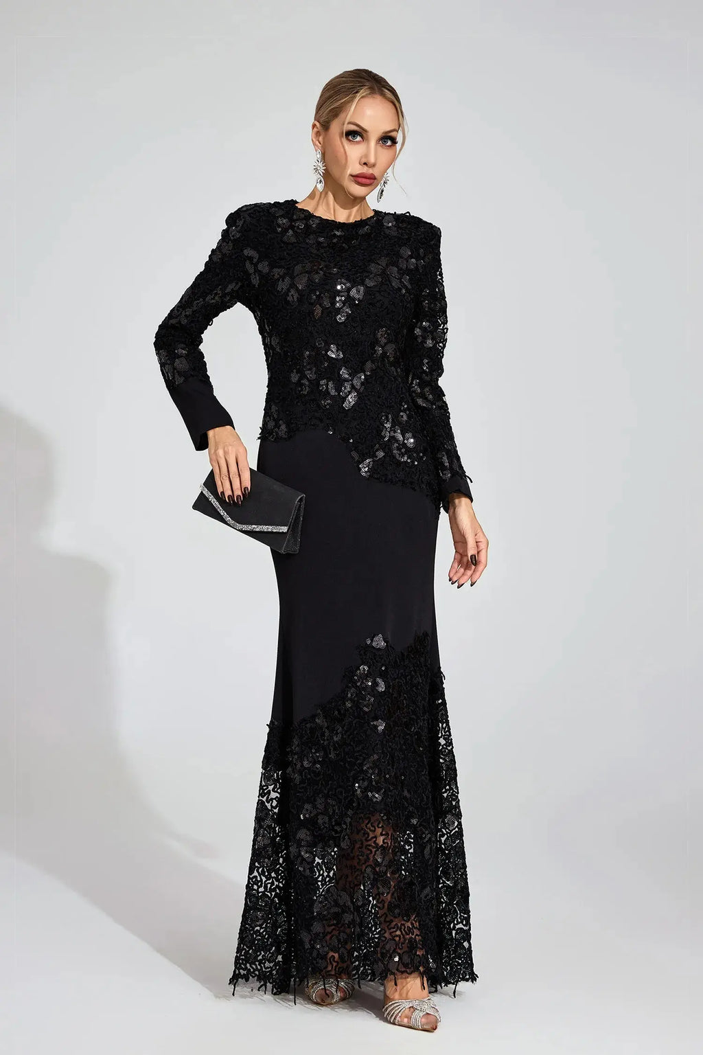 joanna Black long sleeve Embroidered Maxi Dress Avalabel