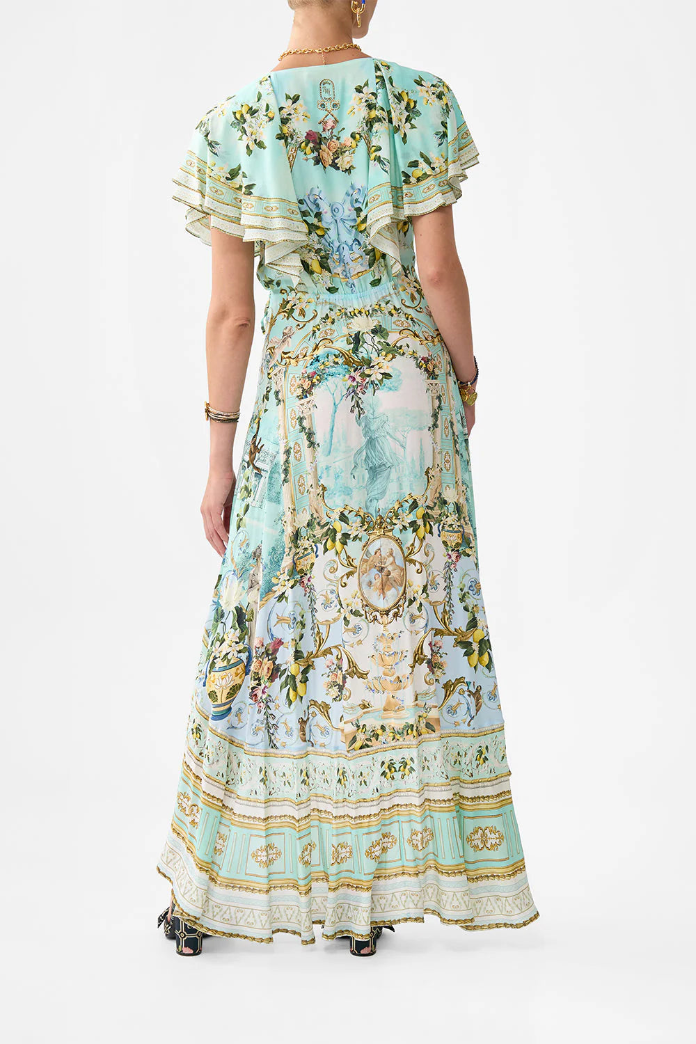 Green-Multi Printed Ruffled V-Neck Irregular Hem Silk Maxi Dress Avalabel