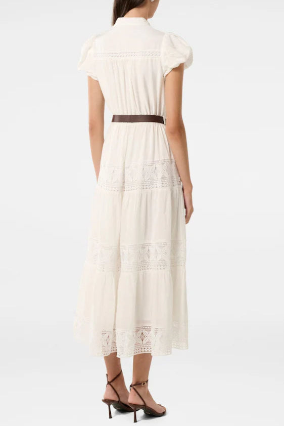 White Adelaide Lace Belted Trim Midi Dress Avalabel