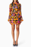 Multi Orange Flower Embroidered Long Sleeves Mini Dress Avalabel
