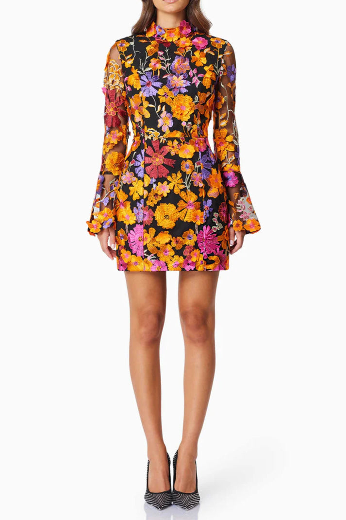 Multi Orange Flower Embroidered Long Sleeves Mini Dress Avalabel