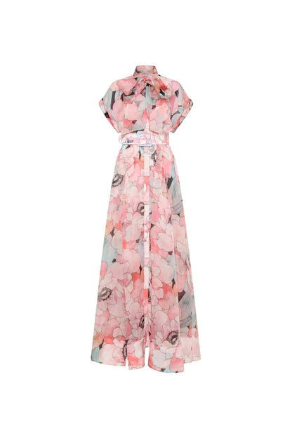Floral Print Silk Organza Maxi Dress in Pink-Multi