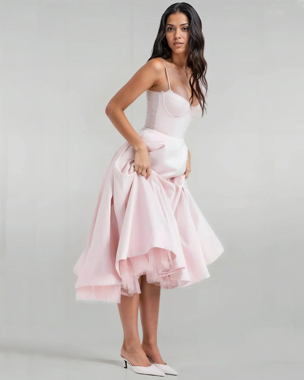 Satin Corset Tulle Layered A-Line Midi Dress - Baby Pink Avalabel