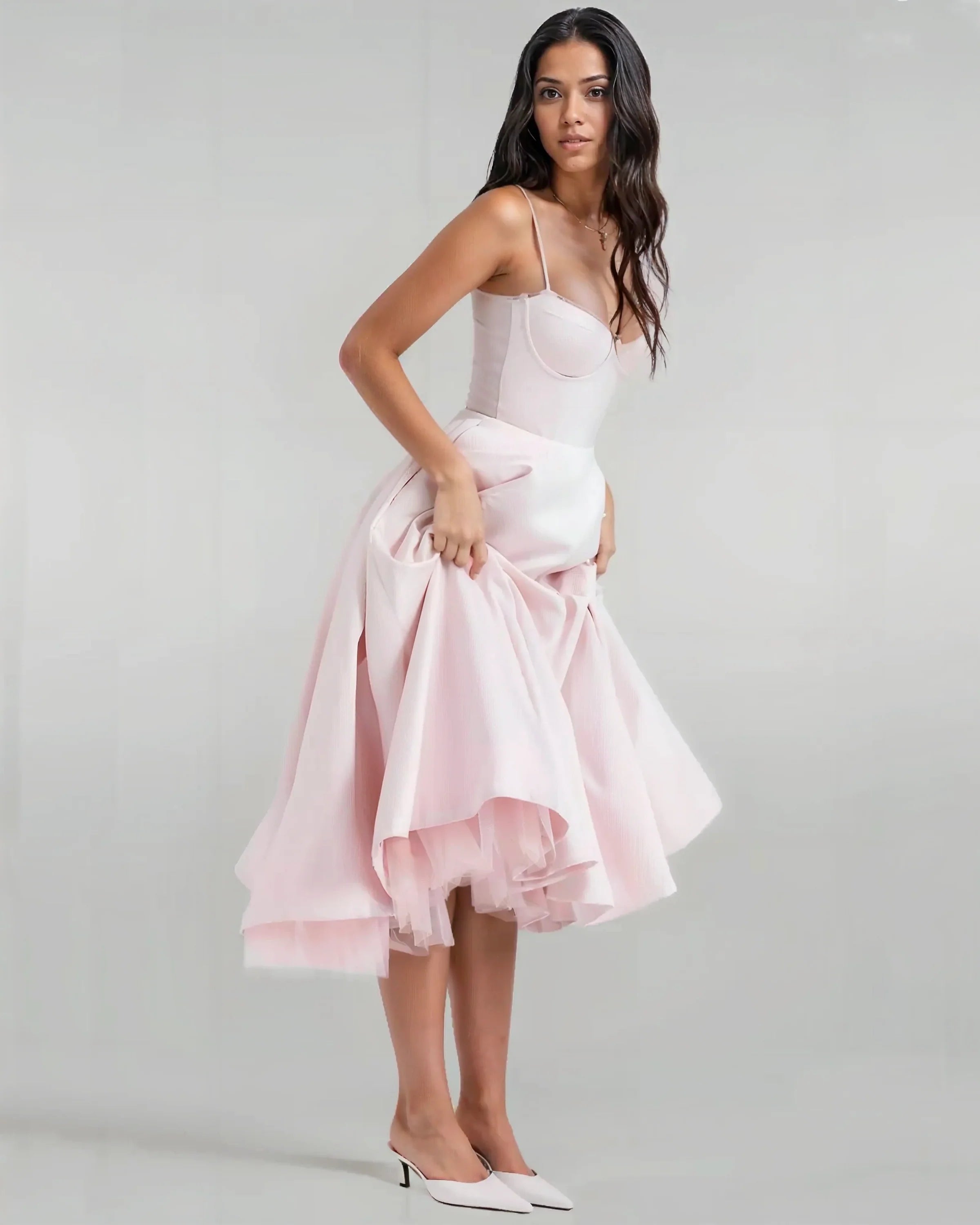 Satin Corset Tulle Layered A-Line Midi Dress - Baby Pink Avalabel