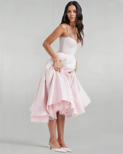 Satin Corset Tulle Layered A-Line Midi Dress - Baby Pink