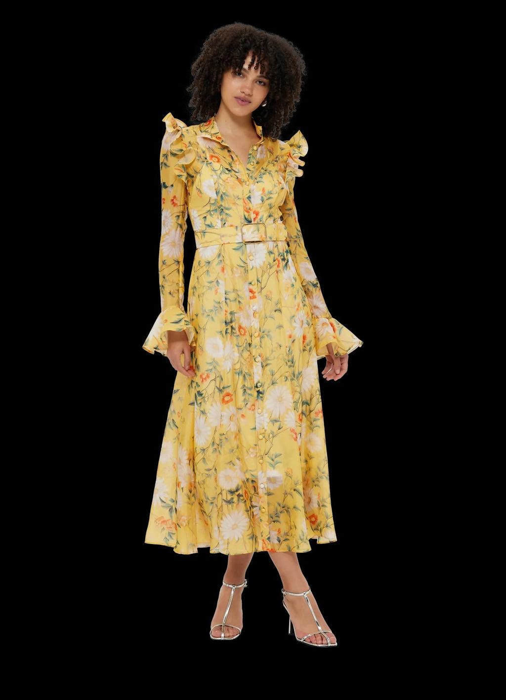 Daisy Print Butterfly Sleeve Midi Dress in yellow poava