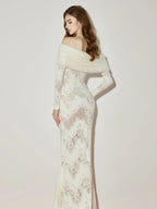 julia Off-Shoulder Fur Collar Long Sleeve lace maxi dress in white Avalabel