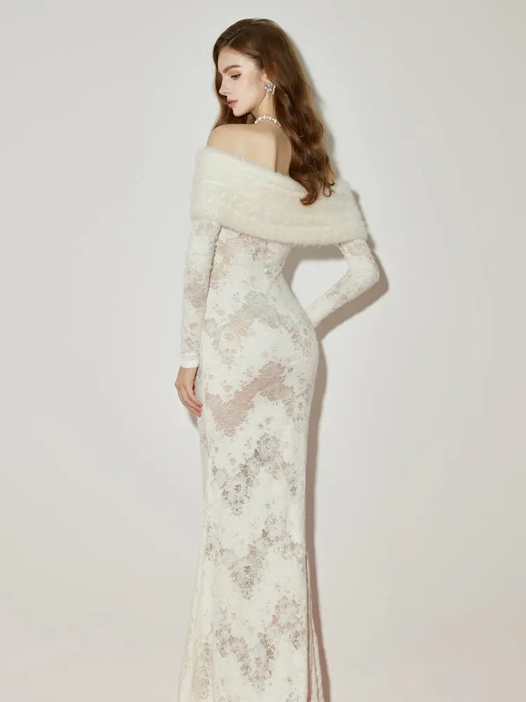 julia Off-Shoulder Fur Collar Long Sleeve lace maxi dress in white Avalabel