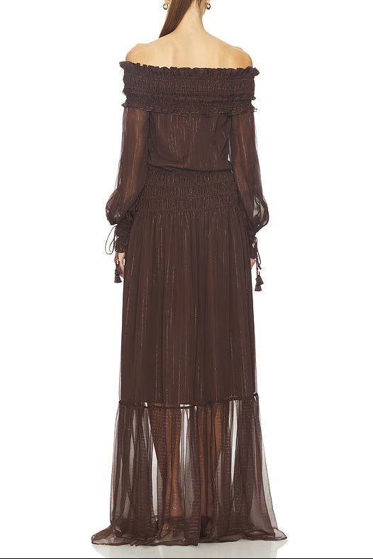 Tiffany Brown Off-Shoulder Long Sleeve Maxi Dress with Ruched Trim Avalabel