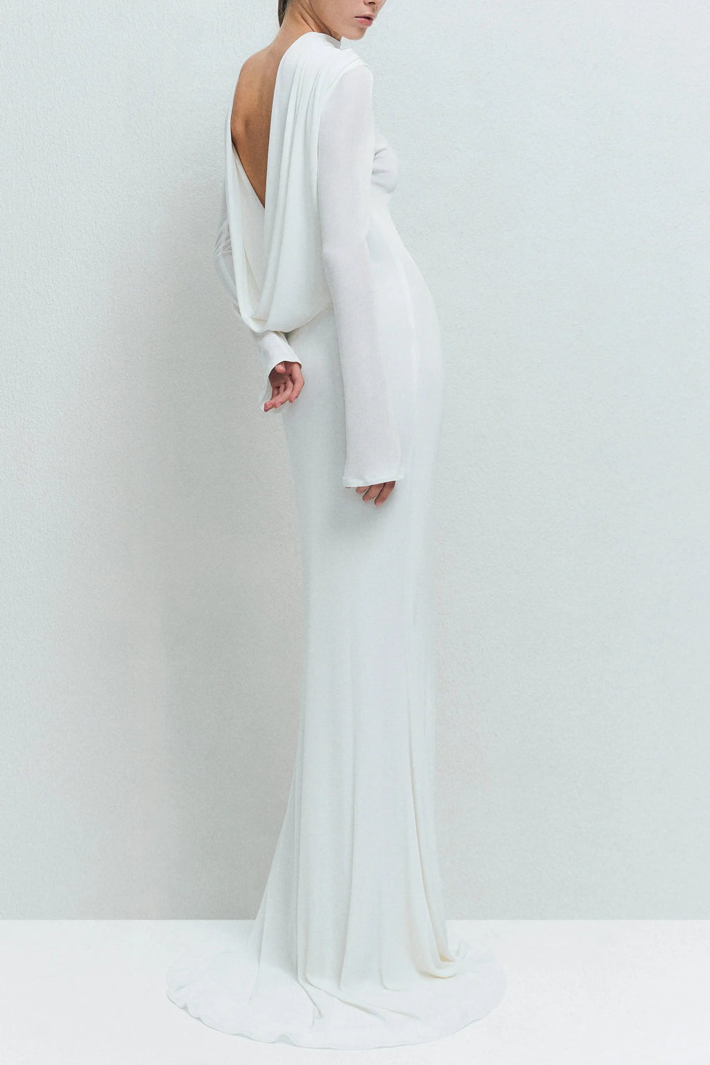 gloria DRAPED BACKLESS JERSEY MAXI DRESS in white Avalabel