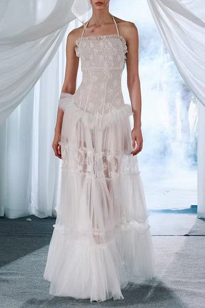 Hermosa Lace Splicing Layer Maxi Dress in White