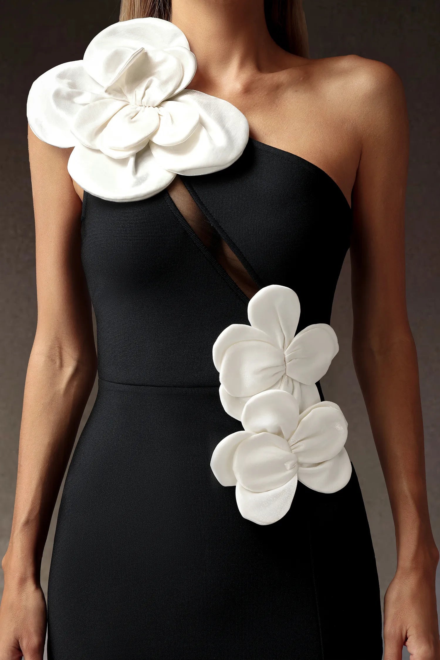 Black Heloise Flowers Slit One Shoulder Bandage Maxi Dress Avalabel