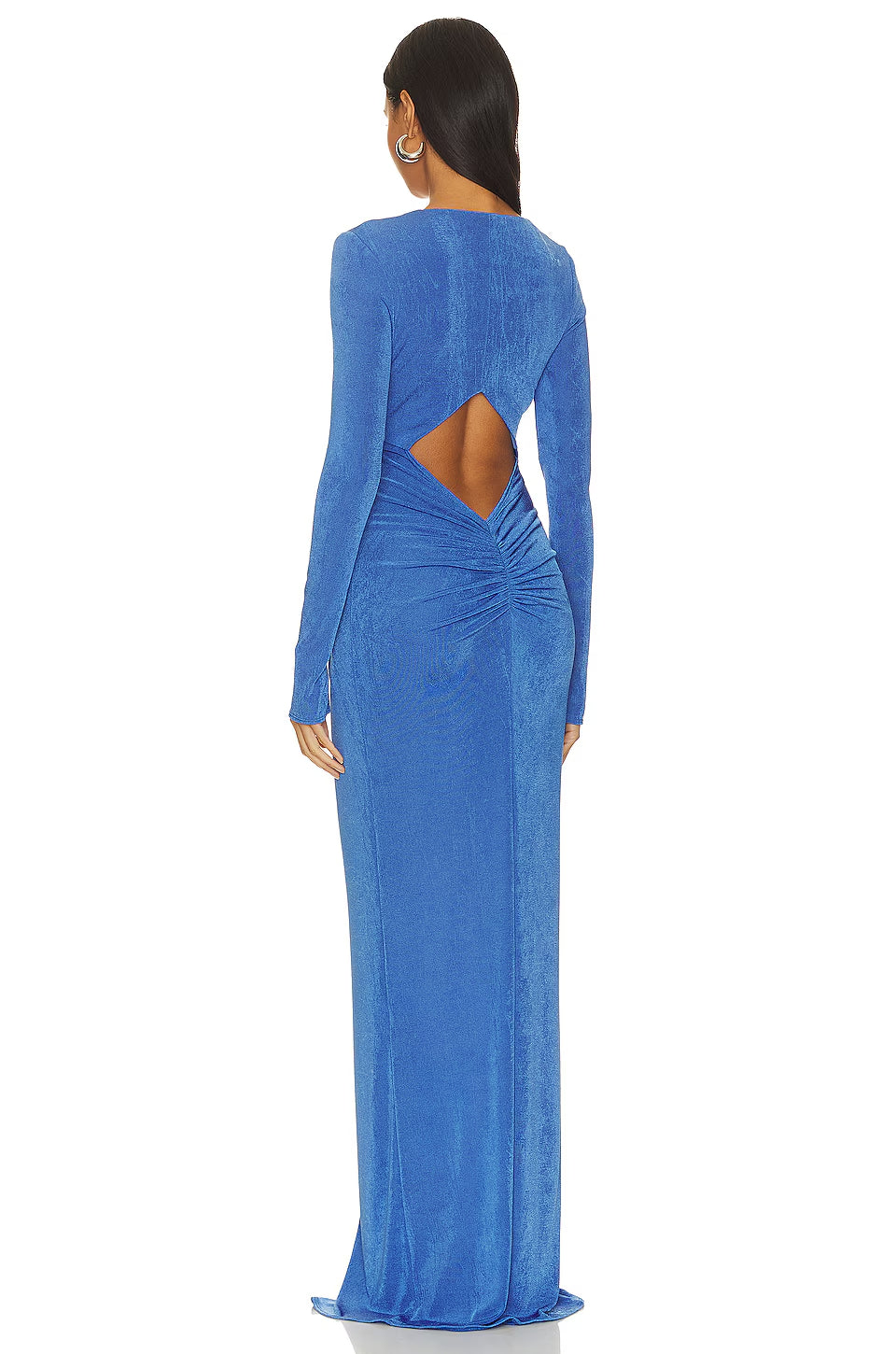 virginia blue pleated long sleeve high slit maxi dress Avalabel