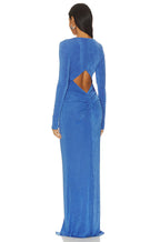 virginia blue pleated long sleeve high slit maxi dress Avalabel