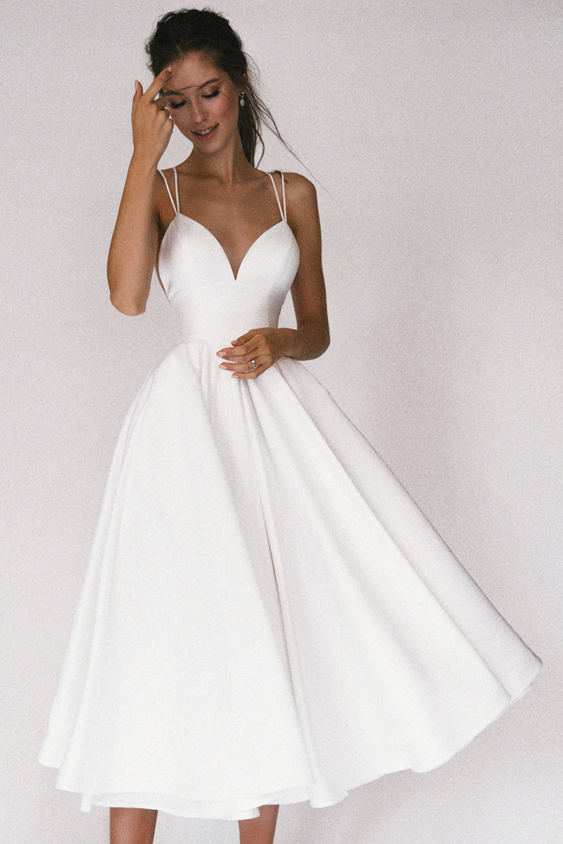 Aisle Soft White Satin Midi Dress Avalabel