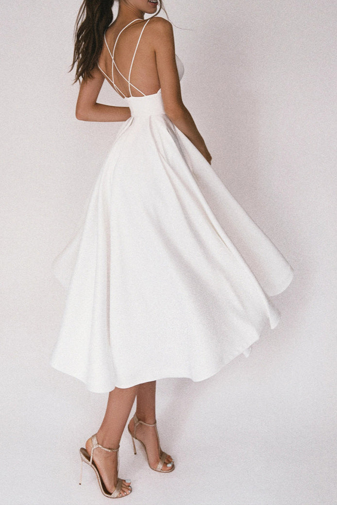 Aisle Soft White Satin Midi Dress Avalabel