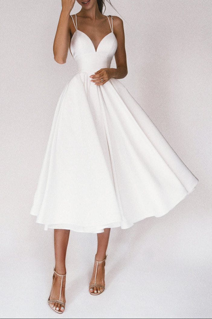 Aisle Soft White Satin Midi Dress Avalabel