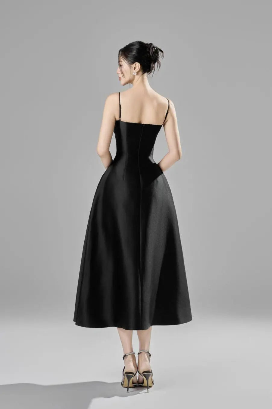 Alessa Fit and Flare Spaghetti Strap Taffeta Midi Dress Avalabel