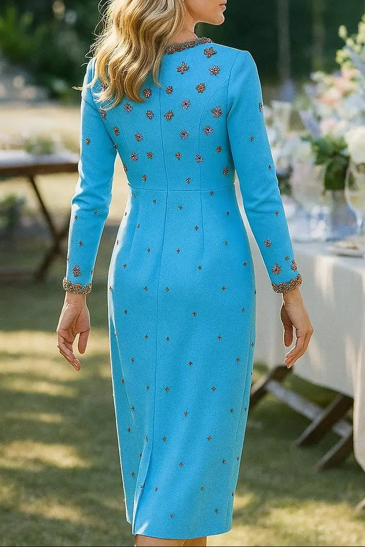 meroy square neck floral Beading Embroidery maxi dress in sky blue Avalabel