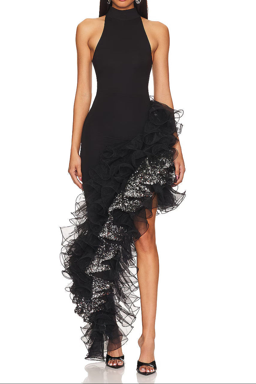 halter sleeveless Sequin Ruffle trim maxi dress in black Avalabel