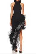 halter sleeveless Sequin Ruffle trim maxi dress in black Avalabel