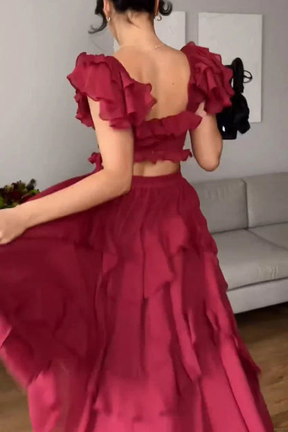 Square Neck Ruffle Sleeves Backless Dress