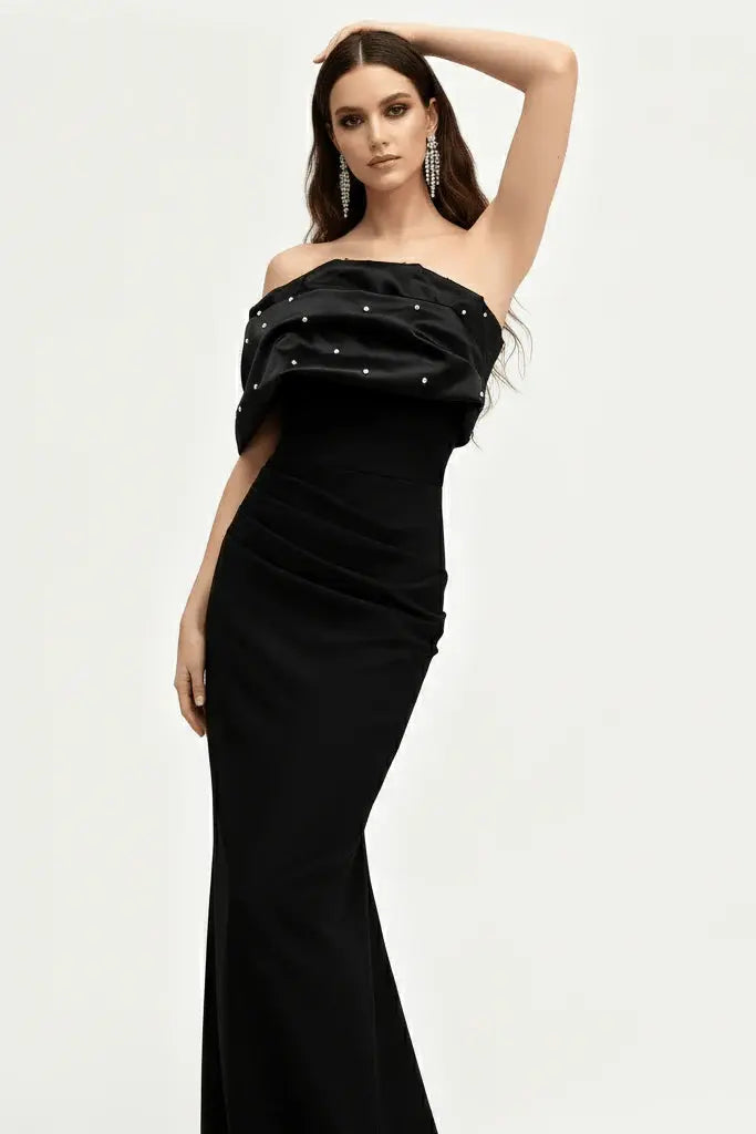 rosemary Black Pearl Embellished Draped strapless maxi dress Avalabel