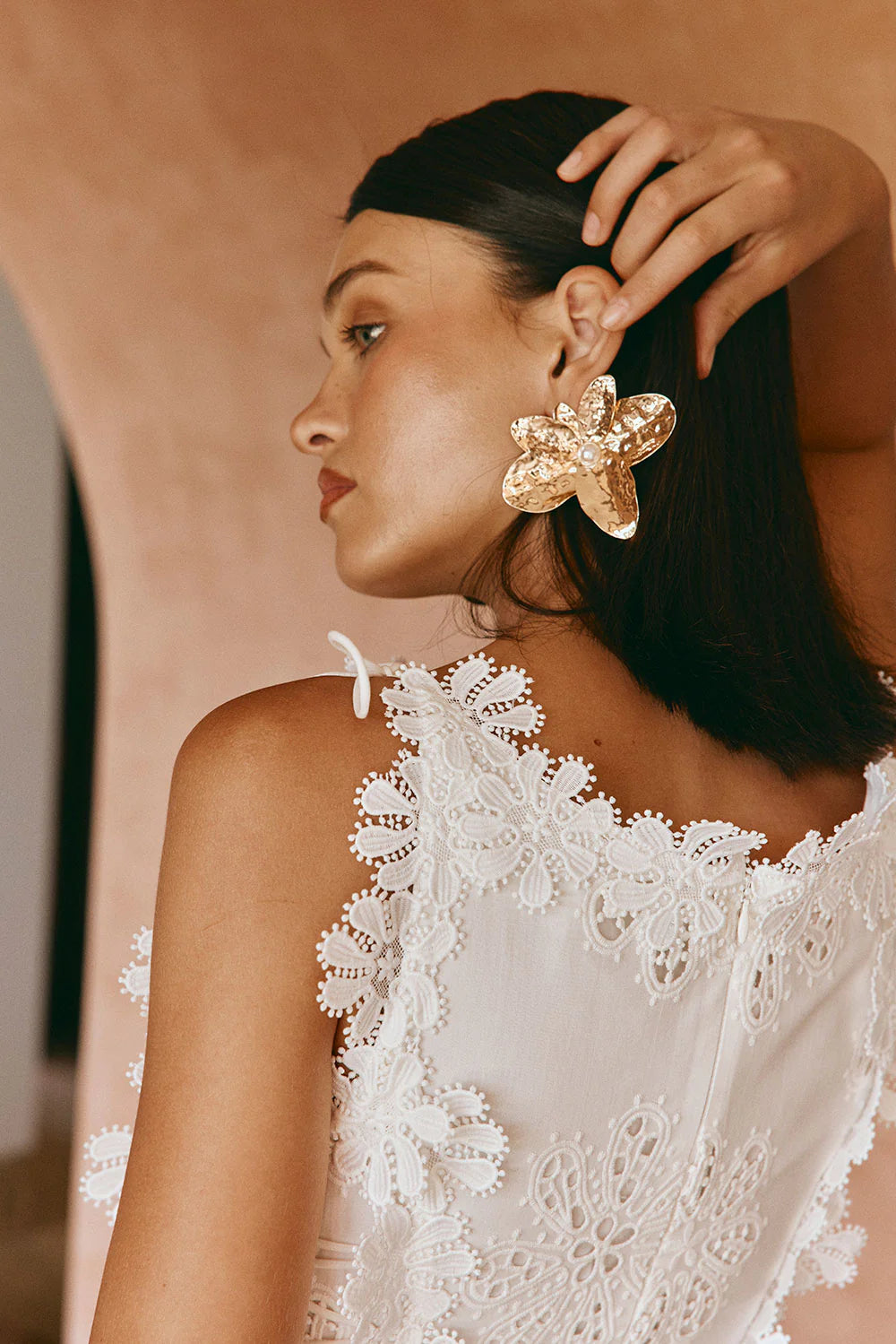 Lace Trim Embroidery Hollow Midi Dress in White Avalabel