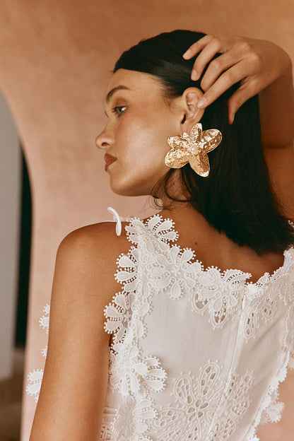 Lace Trim Embroidery Hollow Midi Dress in White