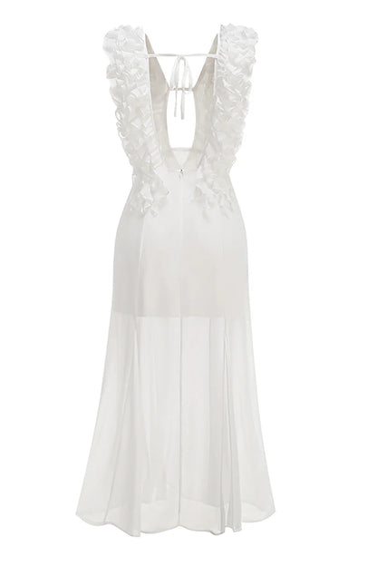 Charlotte Pleat Ruffle Maxi Dress in White