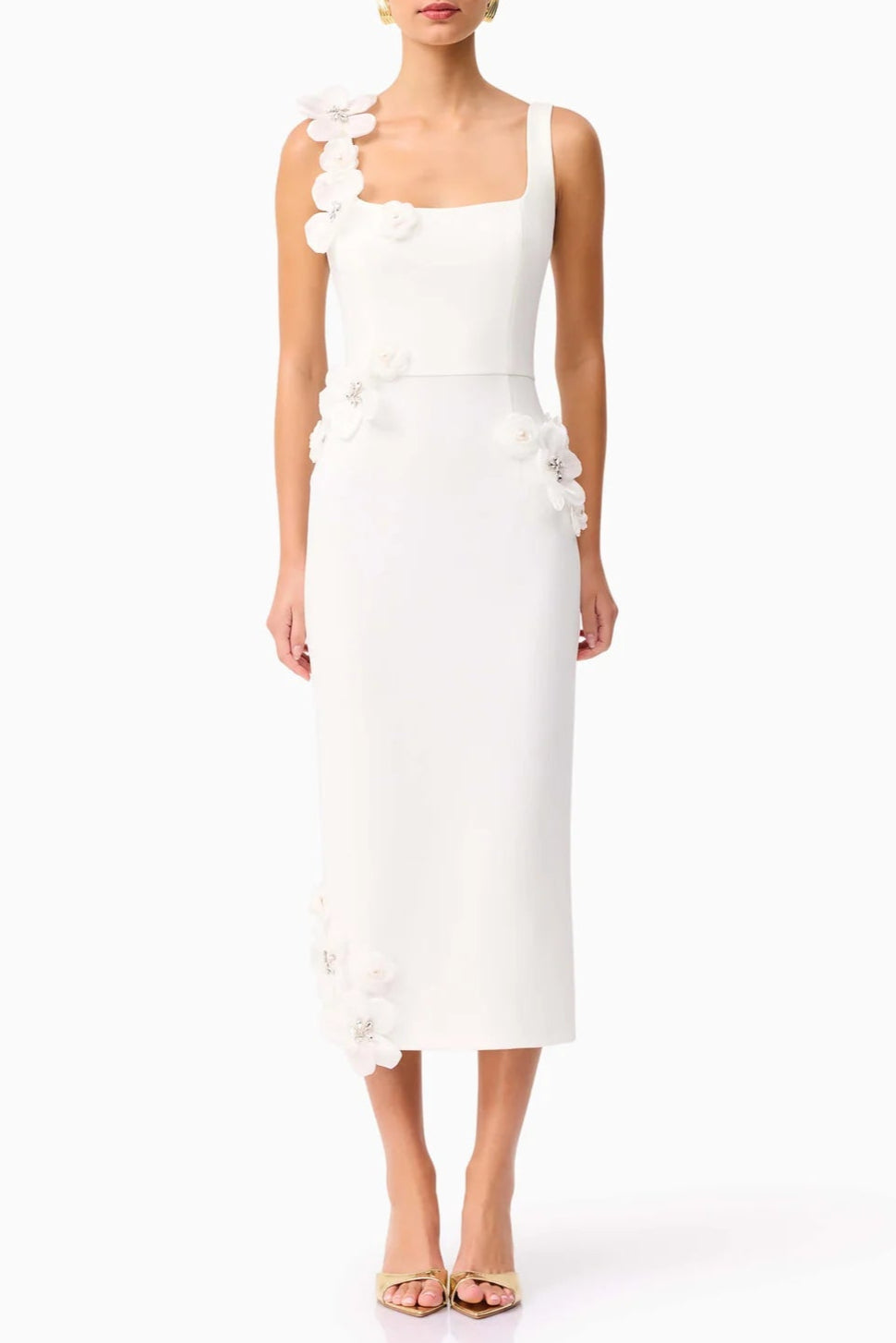 Sabrina 3D Flower Midi Dress in White Soraya