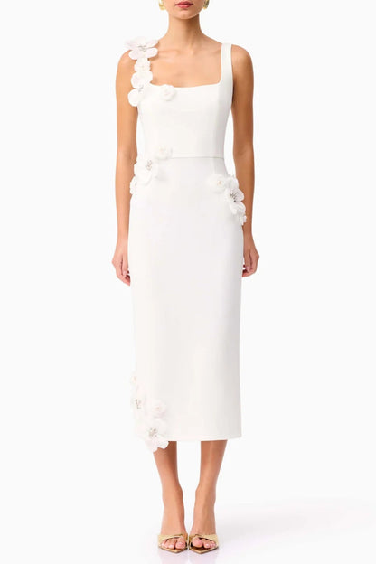 Sabrina 3D Flower Midi Dress in White