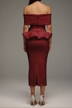Eleanore Off The Shoulder  Ruffled Edge Red Midi Dress Avalabel