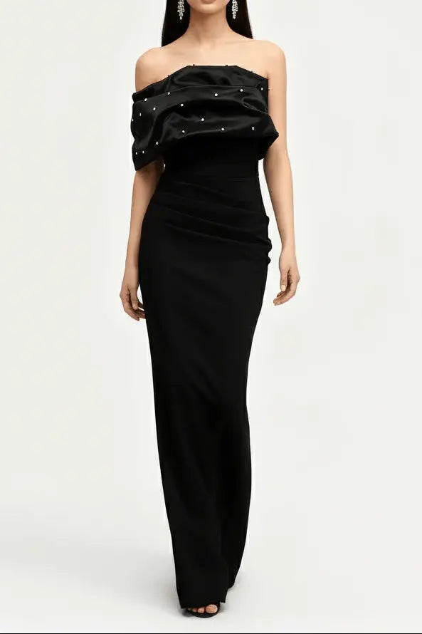 rosemary Black Pearl Embellished Draped strapless maxi dress Avalabel