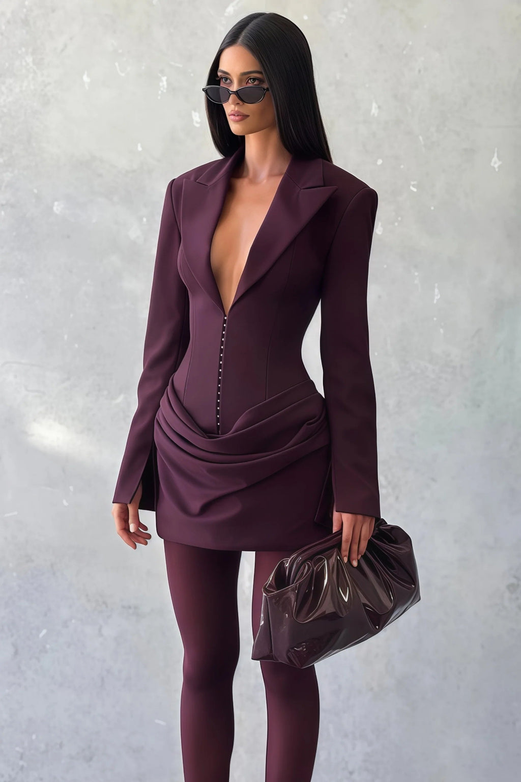 amelia v-neck ruched Blazer Mini Dress in Wine Red Avalabel