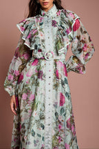 Green Long Sleeve Printed Organza Shirt Midi Dress Avalabel