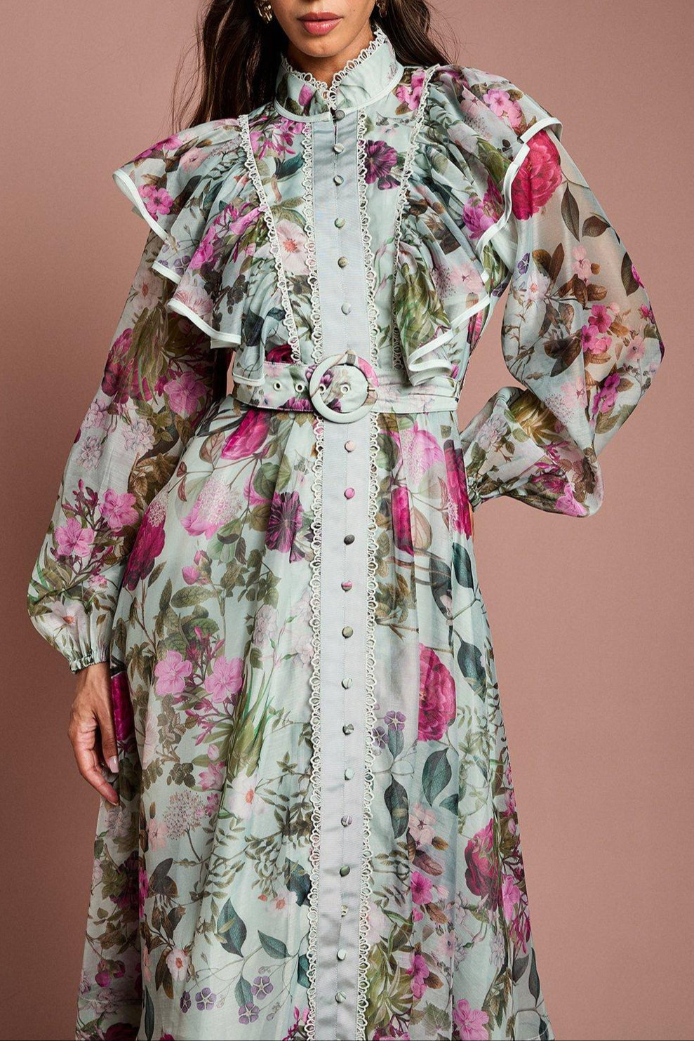 Green Long Sleeve Printed Organza Shirt Midi Dress Avalabel