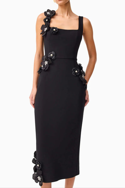 Sabrina 3DD Flower Midi Dress in Black
