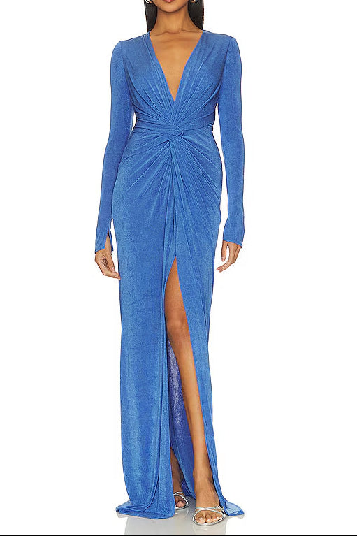 virginia blue pleated long sleeve high slit maxi dress Avalabel