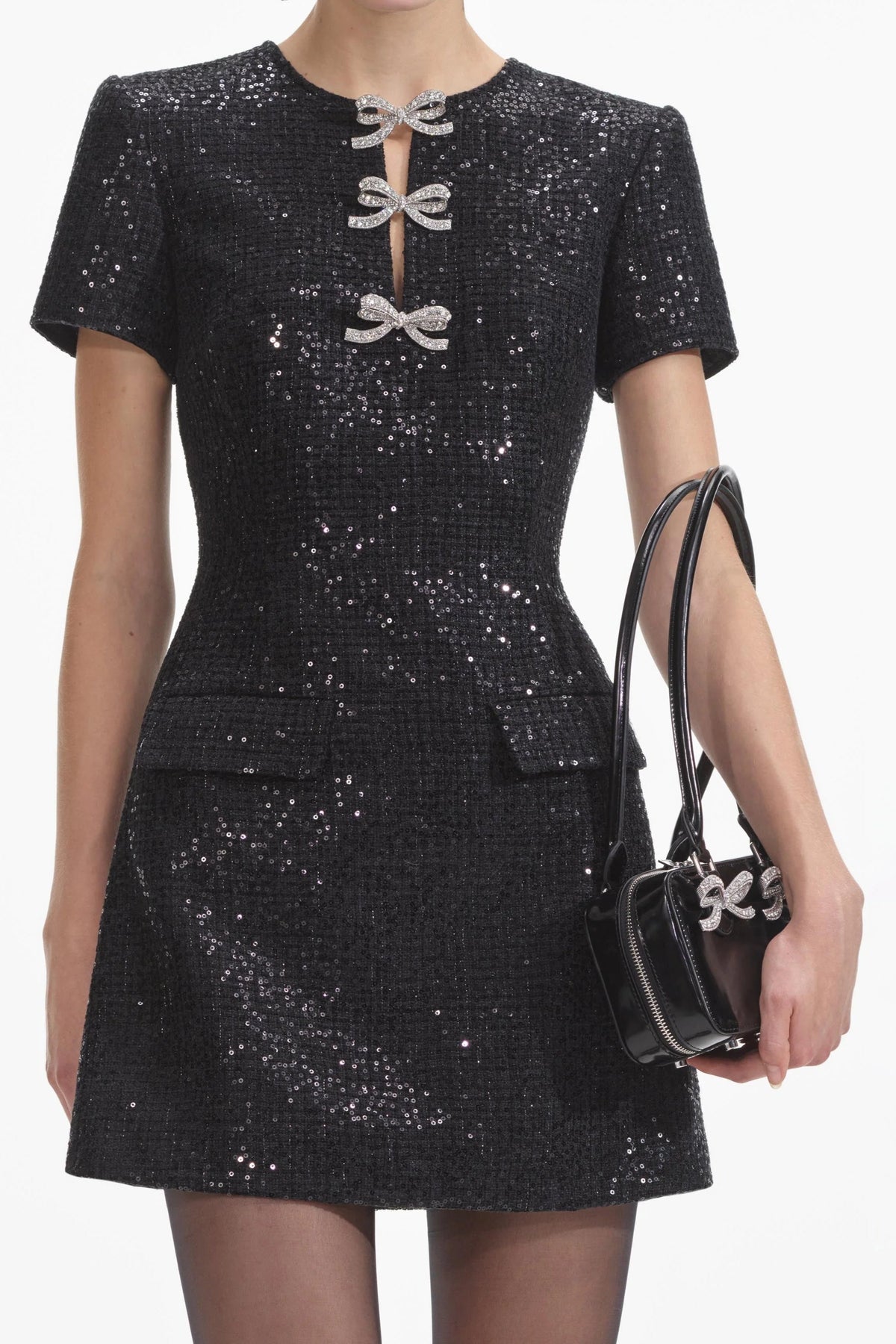 Janice Black Sequin Tweed Bow Mini Dress Avalabel