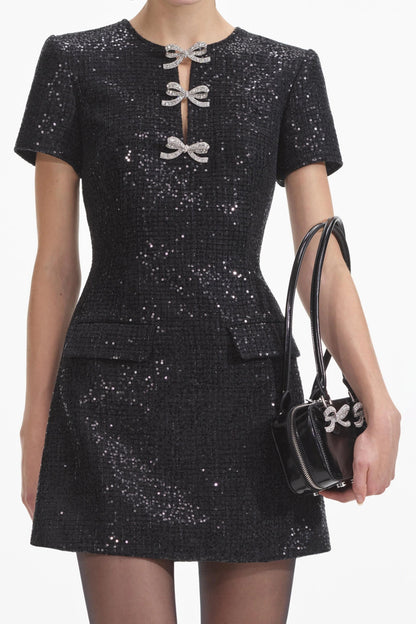 Janice Black Sequin Tweed Bow Mini Dress