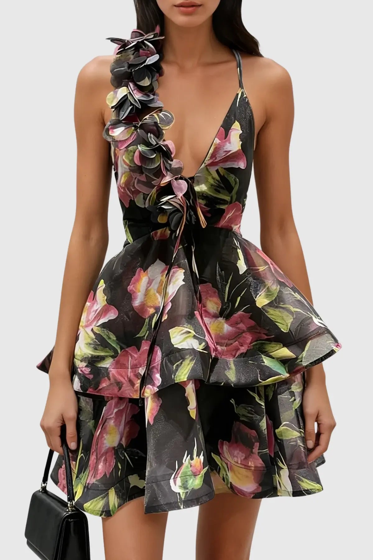 Pera Floral Appliqué Ruffle Mini Dress - Black Avalabel