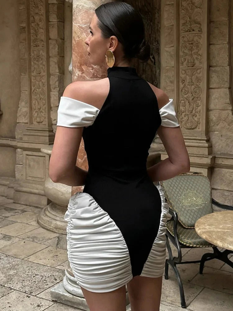 Black-White Panel Sleeveless Gathered Halter Mini Dress Avalabel